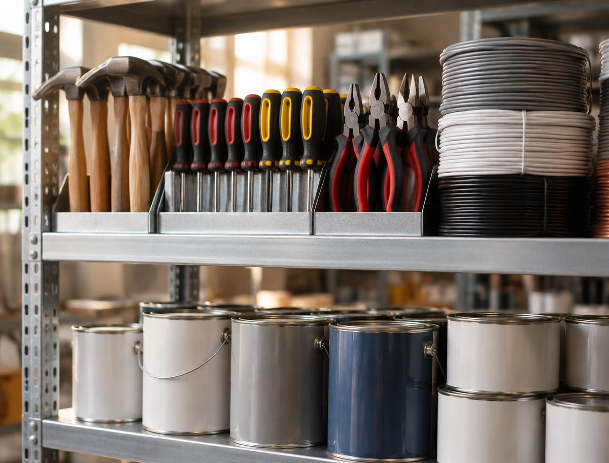 Hand tools, electrical wire and paint cans arranged on hardware store shelving