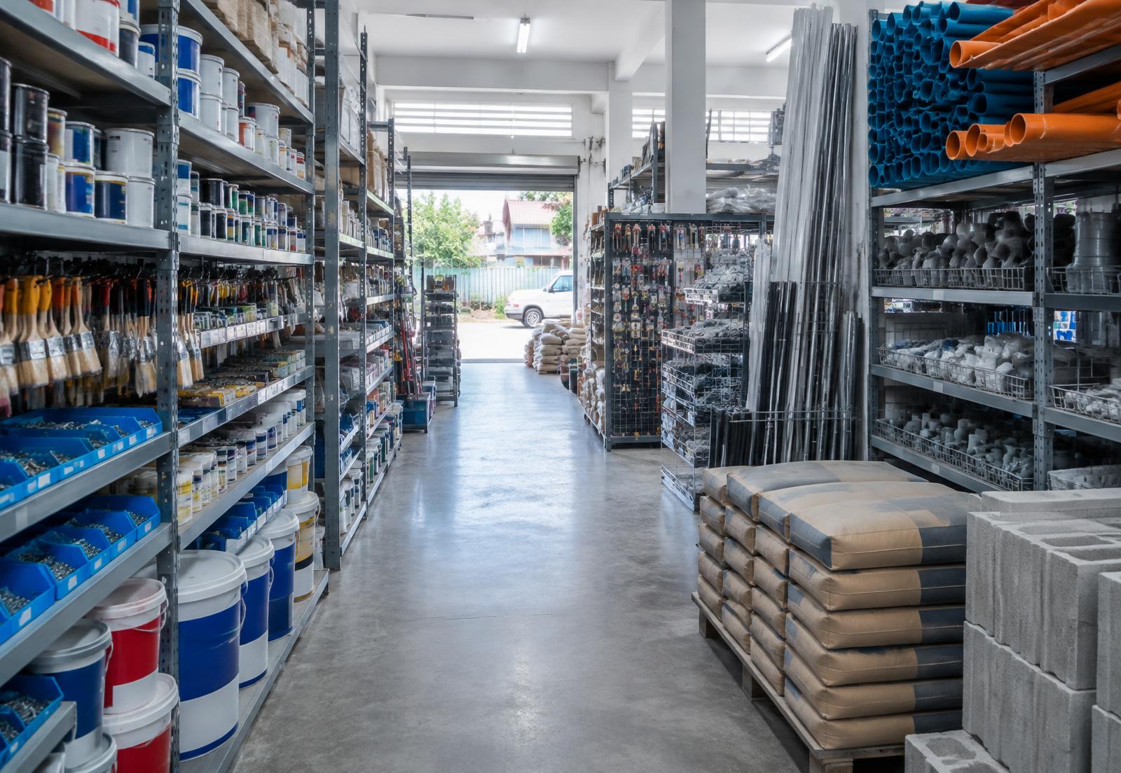 Shelves of paint, tools, pipes and cement inside a stocked hardware store